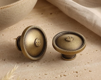Antique Brass Cabinet Knob, Solid Brass Round Drawer Knob, Vintage Beaded Dresser Knob, Kitchen Cabinet Hardware, Furniture Knob