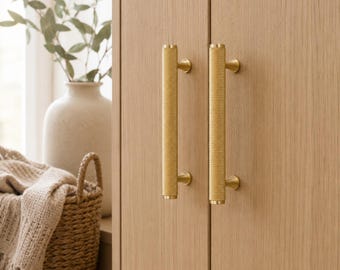 Gold Knurled Cabinet Pulls & Knobs, Modern Kitchen Drawer Handles, Textured Dresser Hardware, T-Bar Cabinet Hardware