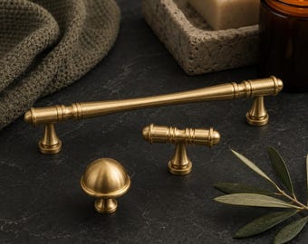 Brass Cabinet Pulls and Knobs, Vintage Gold Drawer Handles, T Bar Knob, Dresser Pulls, Kitchen Cabinet Hardware
