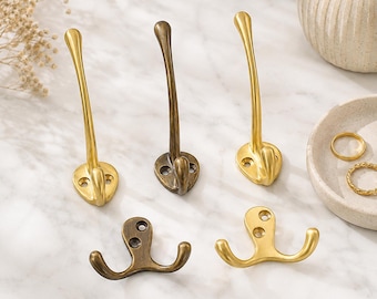 Brass Wall Hook, Vintage Coat Hook, Antique Brass Double Hook, Gold Robe Hook, Decorative Towel Hook, Entryway Hat Hook, Wall Hardware