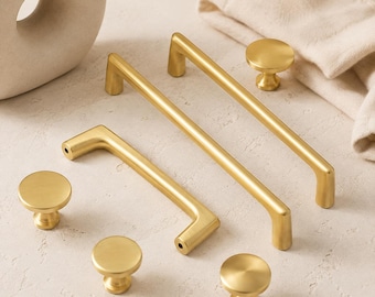 Solid Brass Cabinet Knobs and Pulls, Brushed Brass Drawer Handles, Gold Kitchen Cabinet Hardware, Modern Dresser Knob Pull