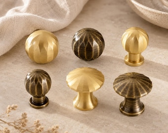 Solid Brass Cabinet Knobs, Faceted Round Drawer Knob, Antique Brass Dresser Knobs, Gold Kitchen Cabinet Hardware
