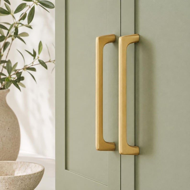 May include: Two vertical, brushed brass cabinet handles with a rectangular profile and rounded edges, mounted side-by-side on a sage green cabinet door. The hardware features a smooth, metallic finish that contrasts with the matte green surface.