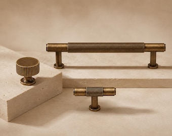 Antique Brass Cabinet Pulls, Fluted Drawer Handles, Ribbed Cabinet Knob, T Bar Pull, Vintage Brass Kitchen Dresser Hardware