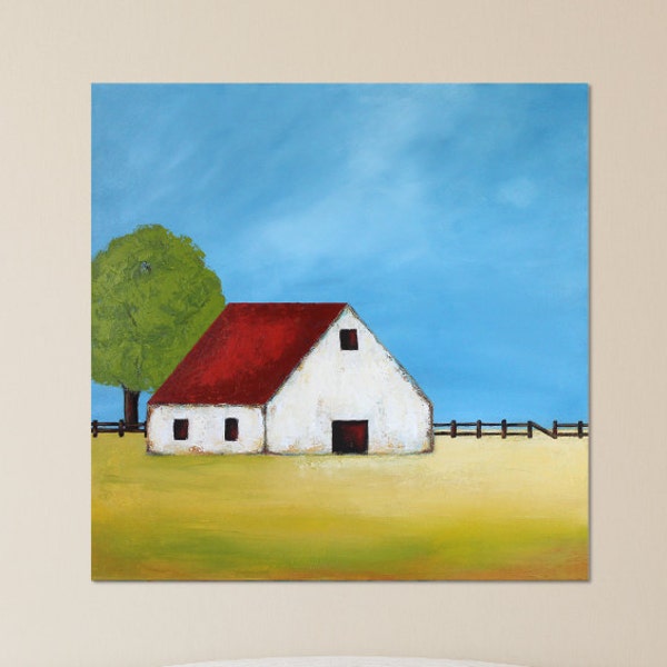 Barn Painting - Farm Painting, Landscape painting, White Barn , Farmhouse Art, Contemporary Barn, Abstract landscape painting