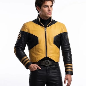 May include: A yellow and black leather jacket featuring a high collar, a front zipper closure, and three horizontal stripes on each sleeve cuff. The jacket displays circular X-shaped emblems on the shoulders and is paired with black trousers.