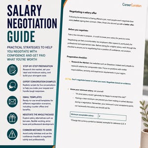 May include: A two-page Salary Negotiation Guide by Career Curation. The document features dark blue text on a white background, outlining practical strategies, step-by-step preparation, expert conversation examples, email templates, and checklists.