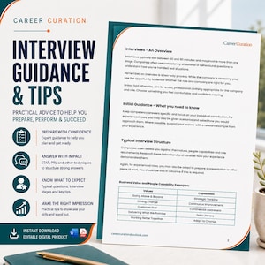 May include: A digital document titled Career Curation Interview Guidance & Tips, featuring sections on interview overviews, initial guidance, and structure. The page includes a table of business values and capabilities, with a professional layout.