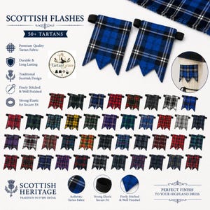 Puede incluir: Una colección de flashes escoceses con varios patrones de tartán en azul, rojo, verde, amarillo y negro. Cada par incluye una banda elástica negra para un ajuste seguro. La imagen muestra varias muestras de tela y el logo de TartanGrace.