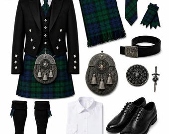 Schottisches Tartan-Kilt-Outfit-Set, handgefertigter Highland-Kilt aus Wolle, Prince-Charlie-Jacke, Sporran und Accessoires, erhältlich in (über 50 Tartans)