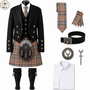 Puede incluir: Un conjunto completo de kilt que incluye chaqueta y chaleco negros con botones plateados, kilt de cuadros beige, camisa blanca, corbata y pañuelo a juego, cinturón de cuero negro con hebilla de ciervo, esporrán y calcetines negros para kilt.