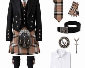 Conjunto de Kilt Escocês em Tartan, Kilt Masculino com Jaqueta Prince Charlie Preta, Colete, Sporran e Acessórios / Disponível em mais de 50 Tartans