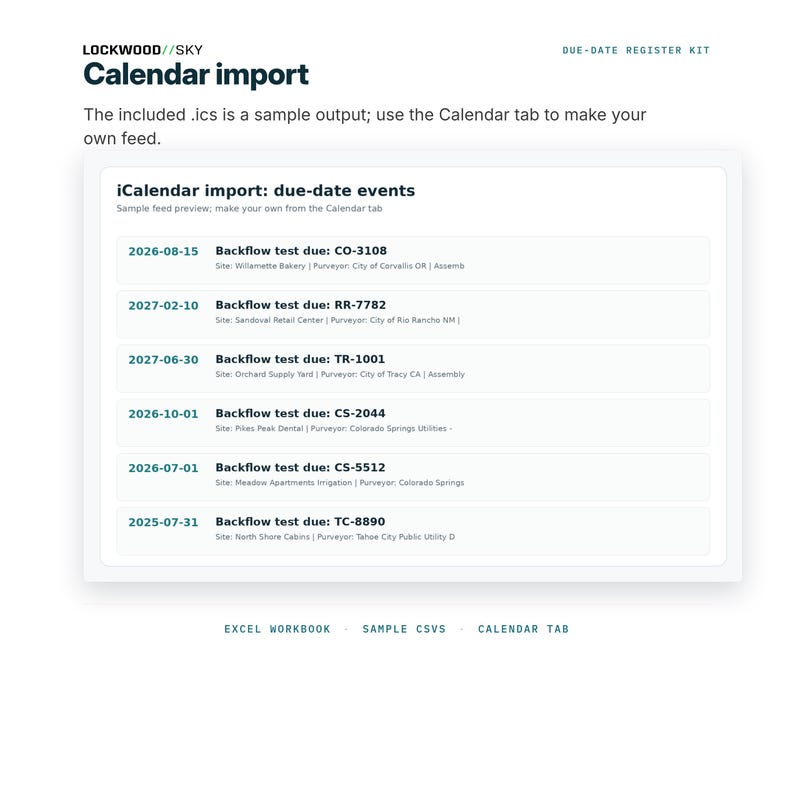Backflow Test Due Date Register Excel Spreadsheet, Overdue CSV, iCal Calendar Feed, Purveyor Rule Tracker image 7