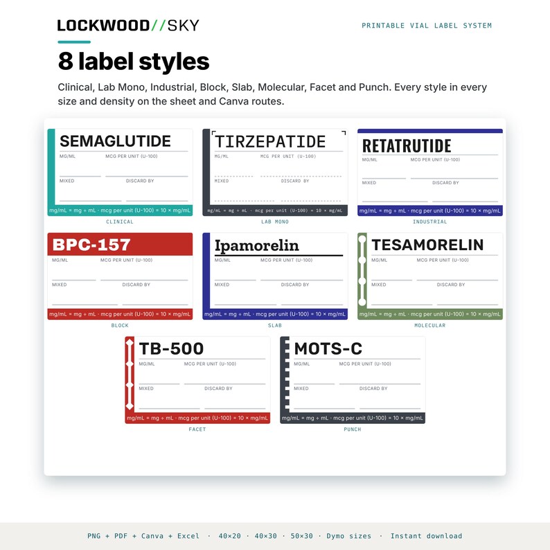 Peptide Vial Label Template | 8 Styles 3 Densities 5 Sizes | 945 Thermal PNG + Editable Avery PDF + 5 Canva Masters | Niimbot Dymo Brother image 4