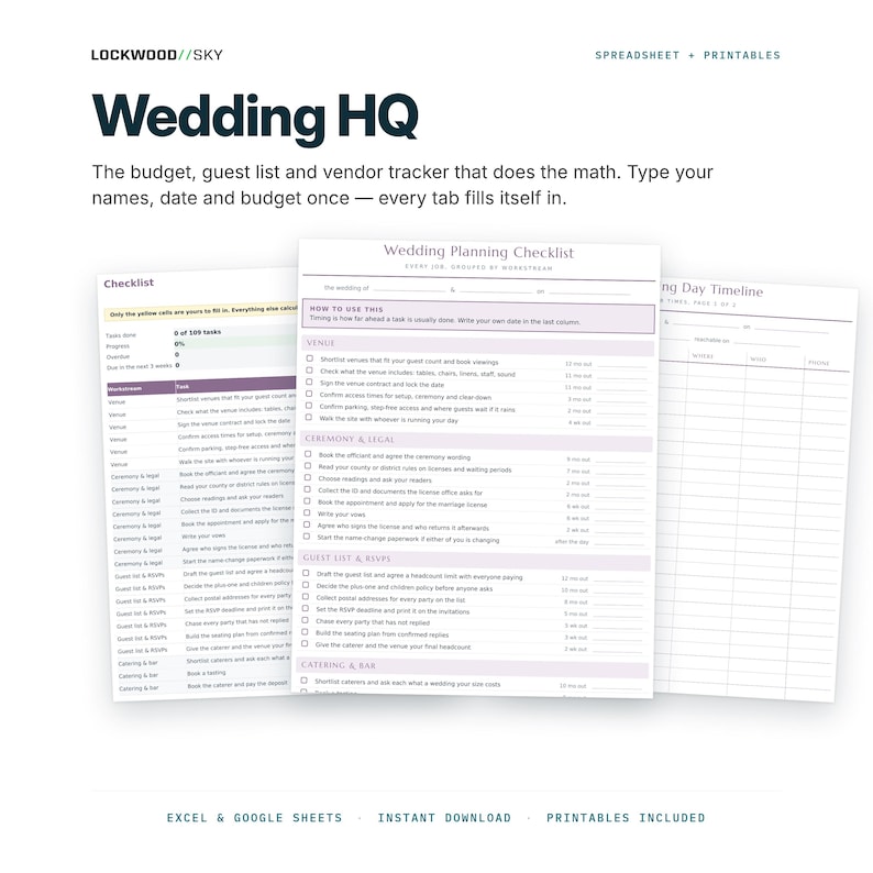 Wedding Budget Spreadsheet Excel Google Sheets | Wedding Planning Kit Guest List RSVP Vendor Tracker + Printable Checklist Day Of Timeline image 1