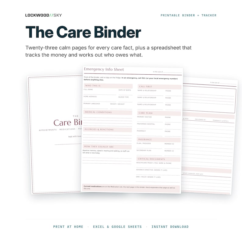 Caregiver Binder + Care Expense Tracker Spreadsheet | Medication Log Emergency Info Elderly Parent Organizer Family Cost Split Excel image 1