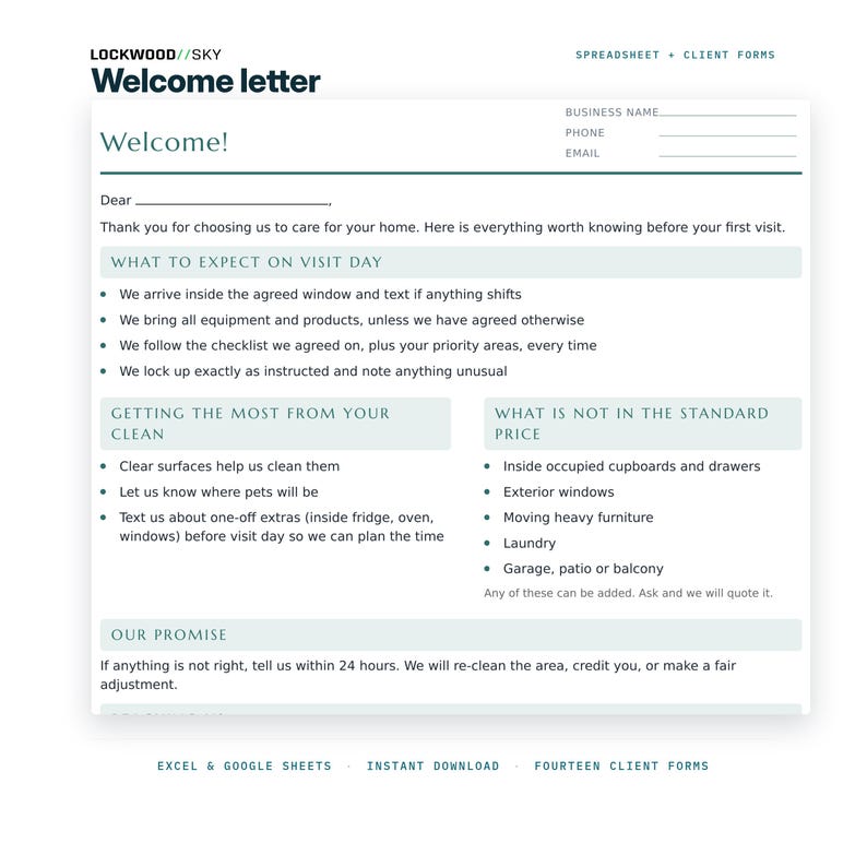 Planificador de negocios de limpieza (hoja de cálculo en Excel y Google Sheets) / Calculadora de presupuestos, presupuesto de limpieza, factura, admisión de clientes, limpieza de casas imagen 10