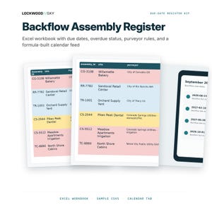 Backflow Test Due Date Register Excel Spreadsheet, Overdue CSV, iCal Calendar Feed, Purveyor Rule Tracker image 1