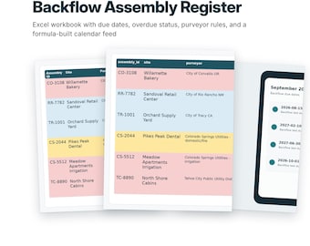 Hoja de cálculo de Excel para registrar las fechas de vencimiento de las pruebas de reflujo, archivo CSV de fechas vencidas, feed de calendario iCal y rastreador de reglas del proveedor.