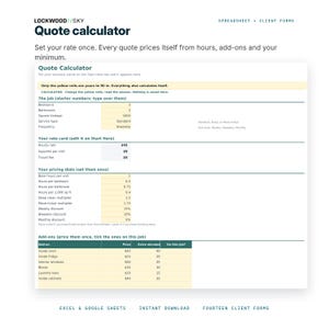 Planificador de negocios de limpieza (hoja de cálculo en Excel y Google Sheets) / Calculadora de presupuestos, presupuesto de limpieza, factura, admisión de clientes, limpieza de casas imagen 3