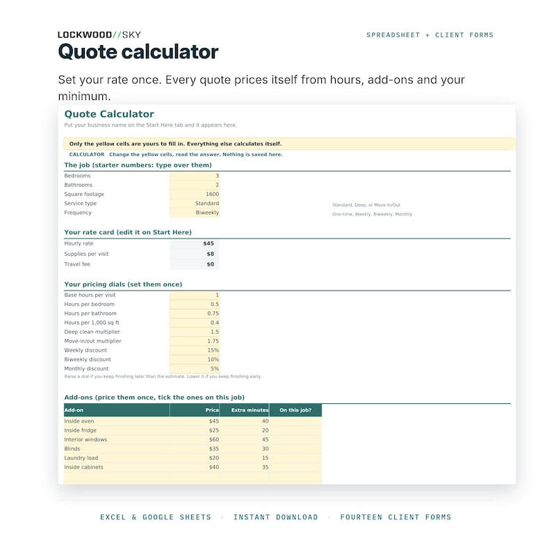 Planificador de negocios de limpieza (hoja de cálculo en Excel y Google Sheets) / Calculadora de presupuestos, presupuesto de limpieza, factura, admisión de clientes, limpieza de casas imagen 3
