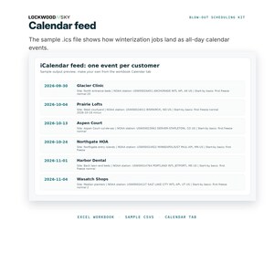 Planificador de preparación para el invierno de sistemas de riego (hoja de cálculo de Excel), fechas de congelación de la NOAA, calculadora de CFM, calendario iCal. imagen 6