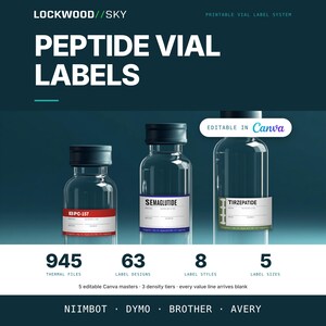 Peptide Vial Label Template | 8 Styles 3 Densities 5 Sizes | 945 Thermal PNG + Editable Avery PDF + 5 Canva Masters | Niimbot Dymo Brother image 1