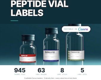 Peptide Vial Label Template | 8 Styles 3 Densities 5 Sizes | 945 Thermal PNG + Editable Avery PDF + 5 Canva Masters | Niimbot Dymo Brother