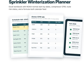 Sprinkler Winterization Planner Excel Spreadsheet, NOAA Freeze Dates, CFM Calculator, iCal Calendar Feed