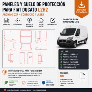 Puede incluir: Archivo digital DXF para paneles de protección y suelo de furgoneta Fiat Ducato L2H2. La imagen muestra una furgoneta blanca, esquemas técnicos en líneas rojas para corte CNC o láser, y texto sobre compatibilidad con software como Fusion 360.