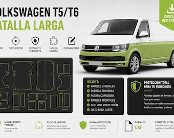 May include: A digital product listing for Volkswagen T5/T6 long wheelbase van panel templates. Includes a white and light green van image, DXF file icons, and technical text detailing side panels, rear doors, sliding door, and floor protection layouts.