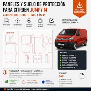 Puede incluir: Un listado de producto digital para paneles y suelo de protección para Citroen Jumpy M. La imagen muestra una furgoneta roja, plantillas de corte DXF para máquinas CNC o láser, y texto detallando la compatibilidad con software como Autodesk y Fusion 360.
