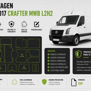 Puede incluir: Plantilla digital para furgoneta Volkswagen Crafter MWB L2H2 2006-2017, con ilustración de furgoneta blanca, diagrama negro con contornos verdes y texto detallando formatos de archivo DXF para paneles laterales, puertas y suelo.