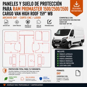 May include: Digital DXF file for Ram ProMaster 1500/2500/3500 cargo van high roof 159 inch wheelbase protection panels and flooring. Includes templates for side panels, rear doors, sliding door, front panels, and floor for CNC or laser cutting.