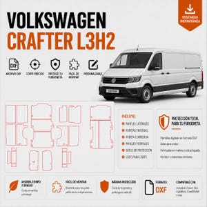 Puede incluir: Un listado de producto digital para plantillas de paneles interiores de furgoneta Volkswagen Crafter L3H2. La imagen muestra una furgoneta blanca, un diseño técnico de archivo DXF y texto detallando paneles laterales, puertas y suelo.