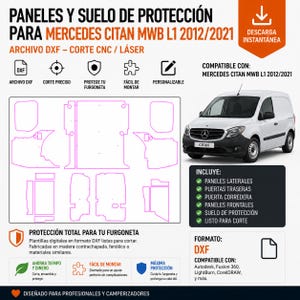 Puede incluir: Plantilla de archivo digital DXF para paneles de protección interior y suelo de Mercedes Citan MWB L1 2012-2021. La imagen muestra una furgoneta blanca, un esquema rosa de los patrones de corte y texto sobre compatibilidad con corte CNC/láser.