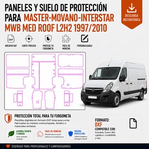 Könnte beinhalten: Digitale DXF-Vorlagen für Innenverkleidungen und Bodenplatten für Master-Movano-Interstar MWB mit mittlerem Dach L2H2 1997-2010. Enthält technische Strichzeichnungen für präzise Schnitte, kompatibel mit Software wie Autodesk und Fusion 360.
