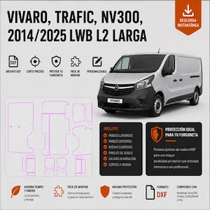 以下が含まれることがあります： 2014年から2025年までのVivaro、Trafic、NV300バン用デジタルファイルセット、LWB L2仕様。画像にはシルバーのバン、内装パネルのピンクの輪郭図、MDF木材用DXF形式に関するテキストが表示されています。