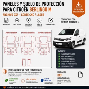 Puede incluir: Archivo digital DXF para paneles y suelo de protección para Citroën Berlingo M. Incluye plantillas de corte láser CNC para paneles laterales, puertas traseras, puertas correderas y suelo. Compatible con Autodesk, Fusion 360, LightBurn y CorelDRAW.