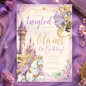 Puede incluir: Una tarjeta de invitación de cumpleaños rectangular con tonos violeta y crema, ilustrada con una alta torre de piedra, un caballo blanco, un camaleón verde y dos personajes de largo cabello rubio. El texto dice Let's get tangled in some fun! Join us to celebrate Olivia's 6th Birthday! Sat 23 Jan 2:00 - 6:00 PM, The Wilson House, 123 Princess St, LA 12345, Kindly RSVP at 012 345 6789 To Rachel.
