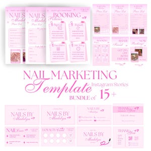 May include: A collection of pink digital marketing templates for nail services, featuring price lists, booking policies, loyalty cards, and thank you notes. The text includes "NAILS BY Madelyn," "BOOKING Policies," and "NAIL MARKETING Template BUNDLE of 15+."