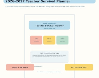 2026–2027 Teacher Planner Printable | Lesson Plans, Gradebook, Attendance & Substitute Binder | Color + Ink-Saver PDF