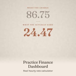 May include: A digital graphic displaying the text WHAT YOU CHARGE above the number 86.75 in grey, followed by WHAT YOU ACTUALLY EARN above the number 24.47 in rust orange. At the bottom, the text reads Practice Finance Dashboard and Real hourly rate calculator.