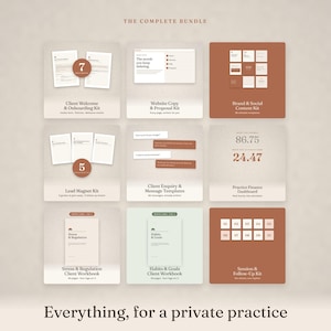 May include: A digital business bundle for private practices featuring nine distinct sections including a Client Welcome Kit, Website Copy Kit, Brand Content Kit, Lead Magnet Kit, Message Templates, Finance Dashboard, and Client Workbooks.