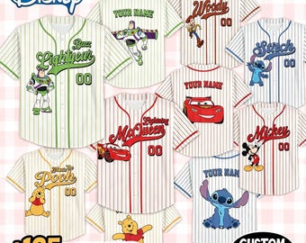 May include: A collection of white baseball jerseys featuring vertical pinstripes and various Disney character graphics including Buzz Lightyear, Woody, Lightning McQueen, Stitch, Mickey Mouse, and Winnie the Pooh, with custom name and number options.
