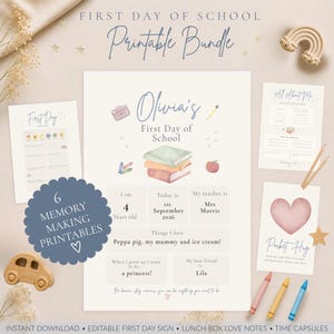 May include: A printable bundle for the first day of school featuring a central sign with a stack of books, a pencil, and an apple. The text includes Olivia's First Day of School, details about age, date, teacher, and interests, plus five additional cards.