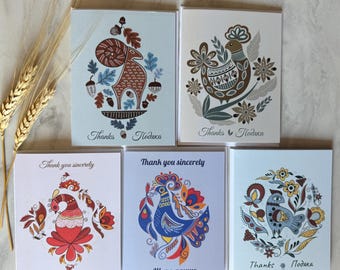 Cartes de remerciement d'art populaire ukrainien, animaux dessinés à la main, motifs botaniques, vœux ukrainiens/anglais (lot de 5 cartes)