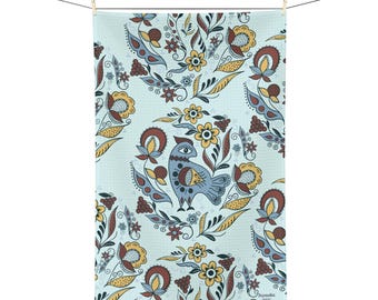 Ukrainian Folk Art Bird Tea Towel — Hand-Illustrated Blue & Yellow Embroidery-inspired Floral Design