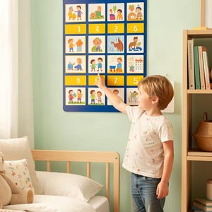 May include: A rectangular blue wall chart featuring a grid of colourful illustrations and numbers. The chart displays various scenes with children and animals, organised in rows with yellow number blocks. The text Abc is visible at the top left.