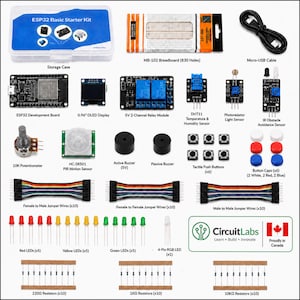 May include: An ESP32 basic starter kit containing a storage case, MB-102 breadboard, micro-USB cable, ESP32 development board, OLED display, relay module, sensors, buzzers, tactile buttons, jumper wires, LEDs, and various resistors.